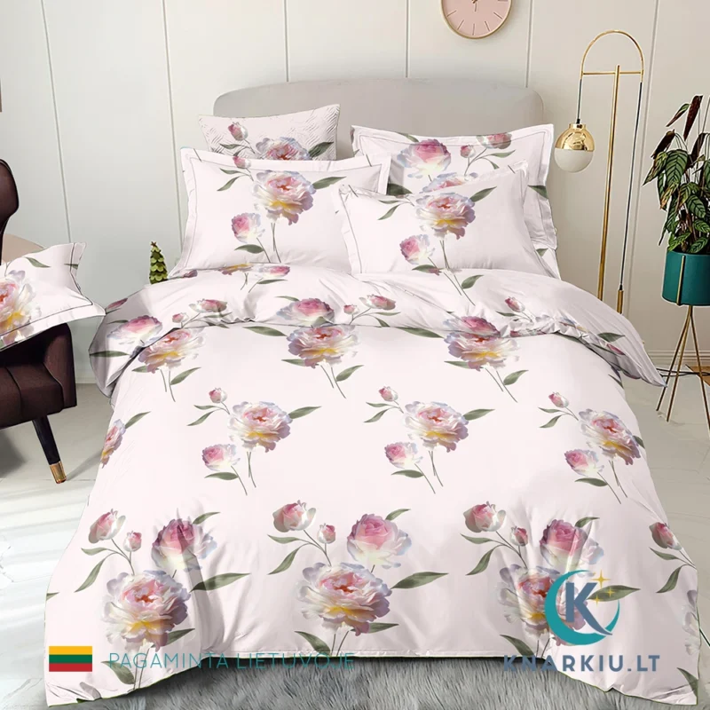 Rankų darbo medvilninis patalynės užvalkalų komplektas Blush Peony