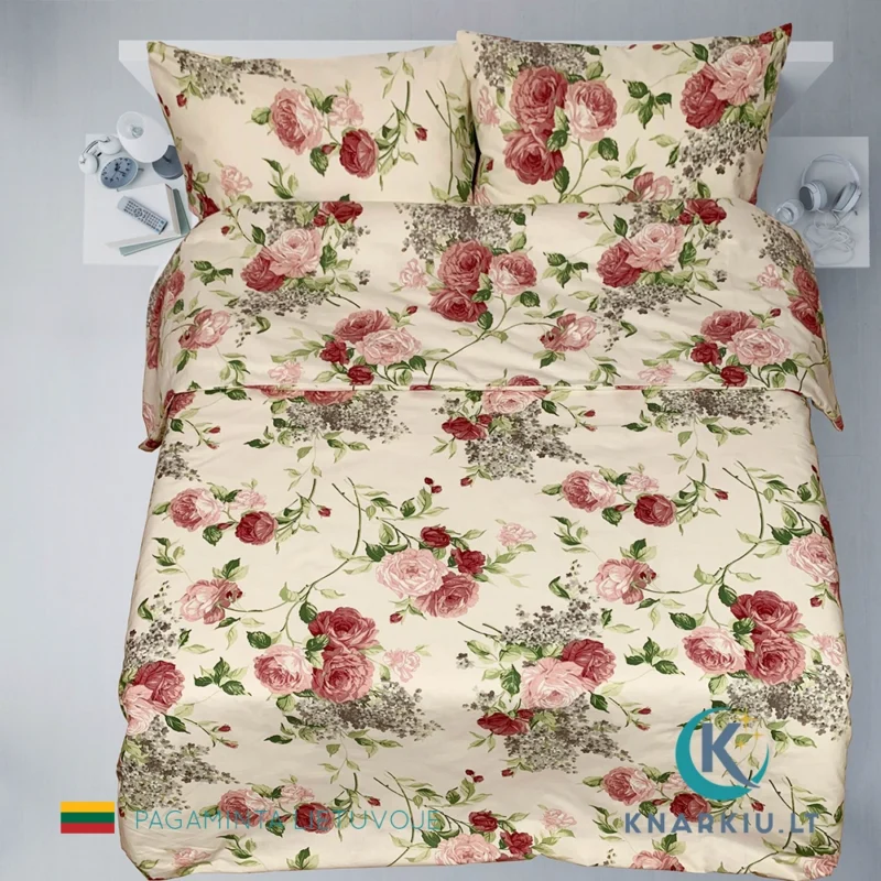 Rankų darbo medvilninis patalynės užvalkalų komplektas Red Rose