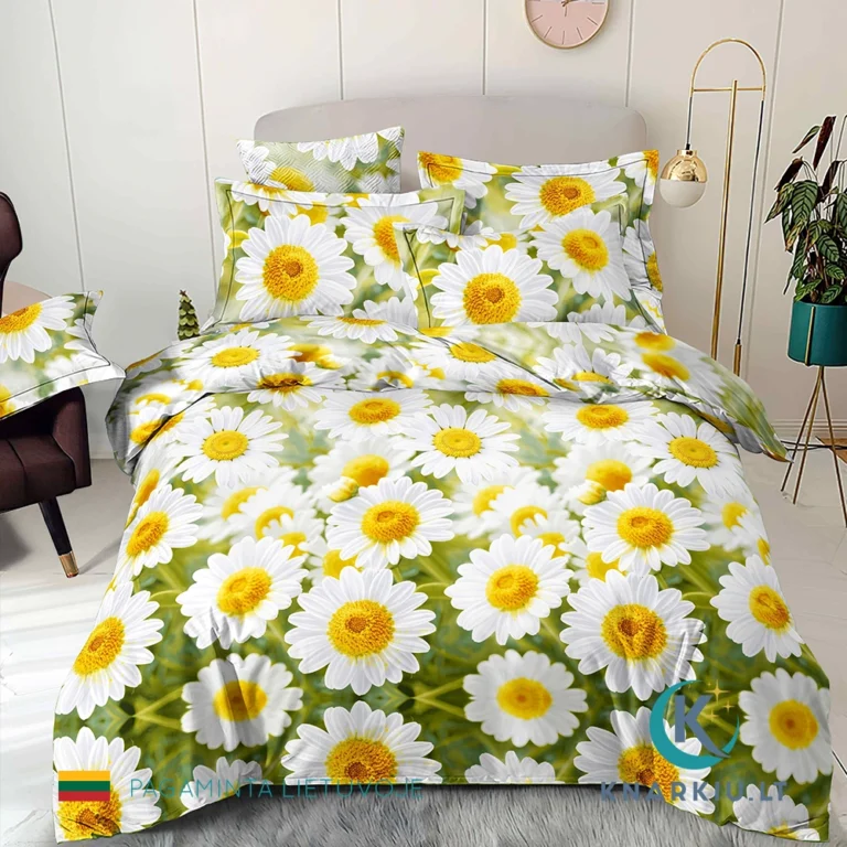 Rankų darbo medvilninis patalynės užvalkalų komplektas Sunny Daisies