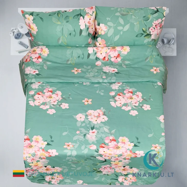 Rankų darbo medvilninis patalynės užvalkalų komplektas Mint Blossom